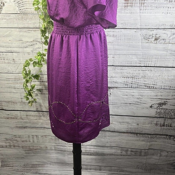 Laundry Shelli Segal Dress Small Purple Sequins Boho Floral Embroidery Knee - Picture 12 of 14
